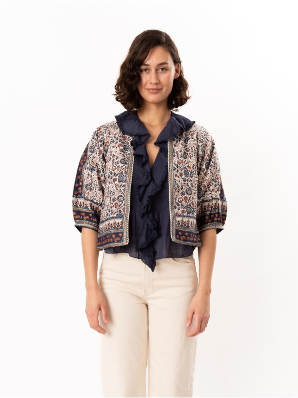 M.A.B.E Boho Printed Open Front Jacket - Navy Floral